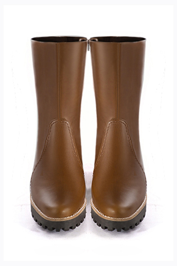 Caramel brown women's ankle boots with a zip on the inside. Round toe. Low rubber soles. Top view - Florence KOOIJMAN